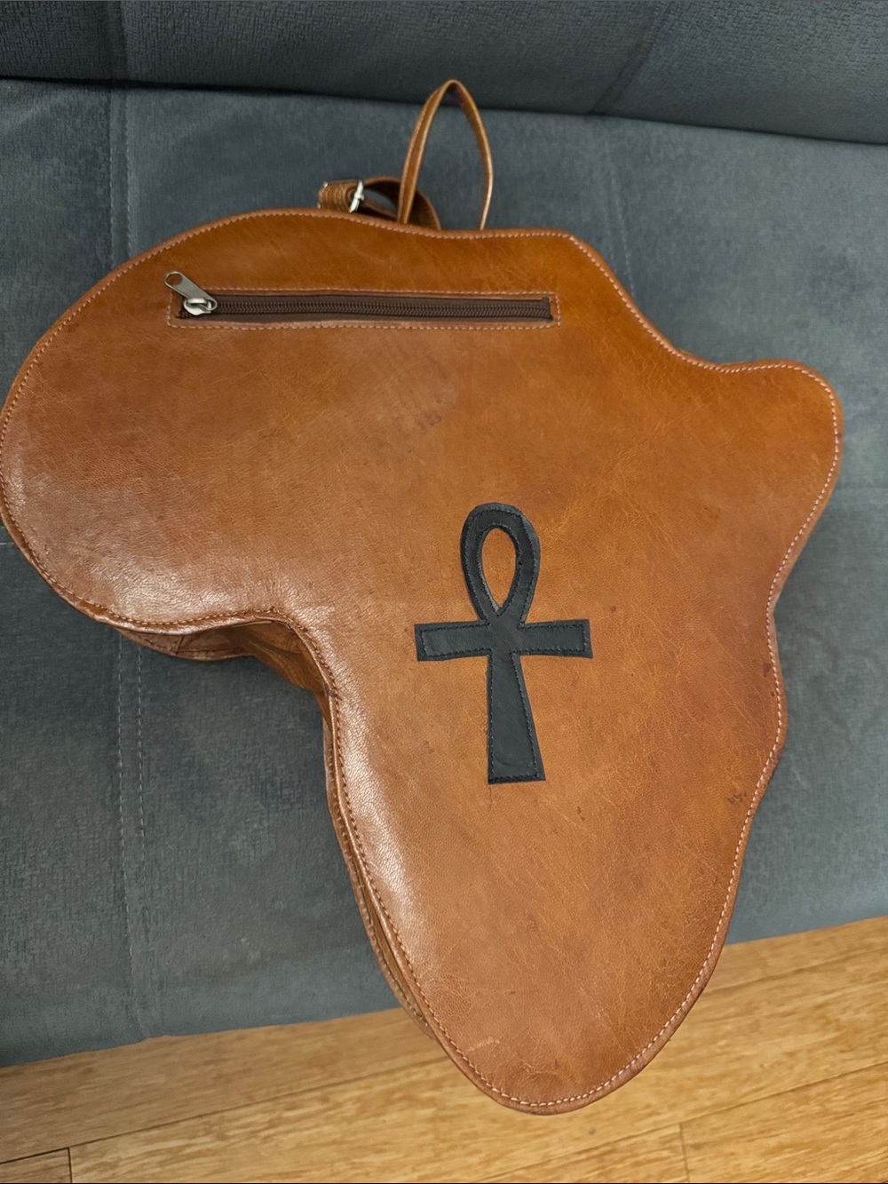 Brown Leather Africa-Shaped Crossbody Bag with Ankh Patch